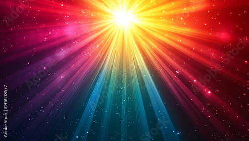 Vibrant rainbow light rays burst from a central point, creating a dynamic and colorful abstract background.