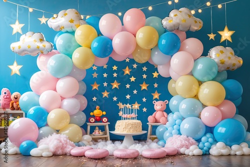Pastel Balloon Arch Decoration with Fluffy Clouds Twinkling Stars and Large Toys for a Magical Kids Birthday Party