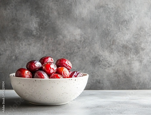 Ripe dates in a white bowl on a grey background, close-up view. Ramadan food concept with copy space for text or design. Fresh date fruits. Stock photo contest winner, high resolution, high detail, na