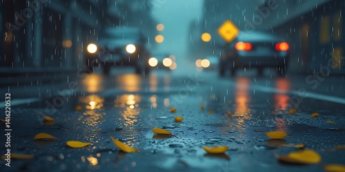 City street soaked in rain with scattered yellow leaves and glowing car headlights, creating a moody and cinematic urban scene full of depth and emotion at twilight.

