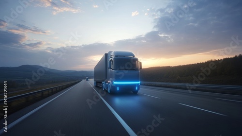 Futuristic electric truck driving on highway at sunset glowing neon lights illuminating the road transporting cargo with modern technology and sustainable energy clean transportation