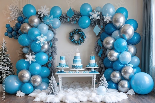Obraz na płótnie Enchanting Winter Wonderland Decor with Icy Blue and Silver Balloons for a Peaceful Celebration w salonie