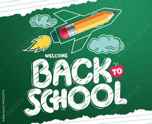 Welcome school greeting clipart. Back to school greeting text clip art in green background with educational elements for elementary and secondary design vector illustration. 
