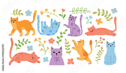 Pretty cats in different poses and pastel delicate floral botanical elements set. Trendy modern cute kitties, kittens, leaves and flowers collection. Hand drawn soft flat vector clipart.