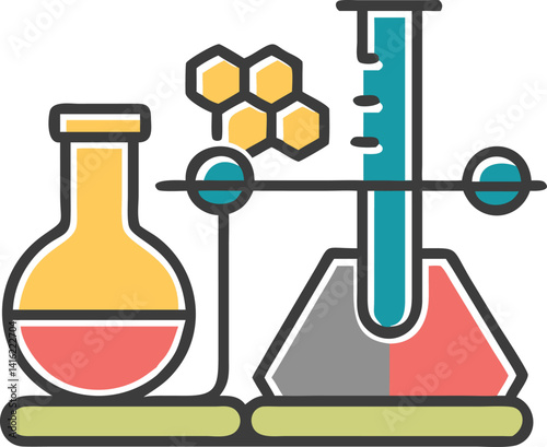 Colorful Chemistry Set Beaker Flasks, Compound Structure on Transparent Background