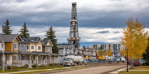 Suburban landscape with homes, trees, and a towering oil rig under a cloudy sky photo