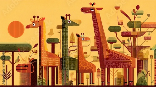 Colorful giraffe family in an illustrated African savanna landscape.
