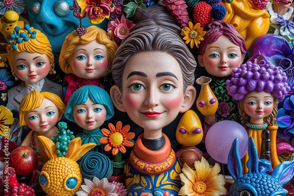 Fototapeta premium Colorful Eccentric Figurine Display with Creative Overhead Perspective