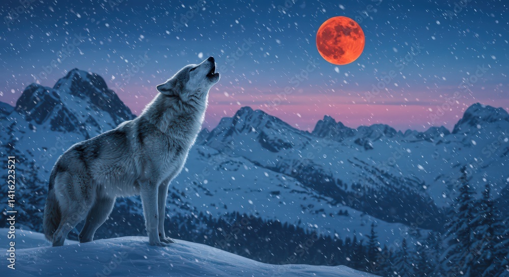 Naklejka premium Majestic Wolf Howling Under a Blood Moon in Snowy Mountains