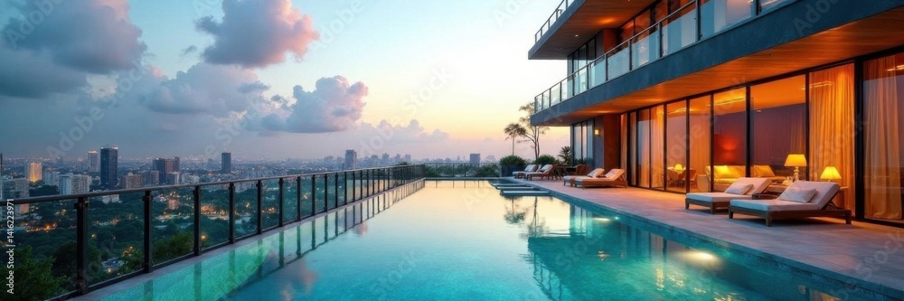 Obraz premium Luxurious condo building with rooftop pool and lounge, luxury, pool