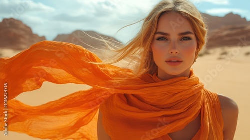 A captivating portrait of a woman in a flowing orange scarf, set against a stunning desert backdrop under a bright, clear sky.