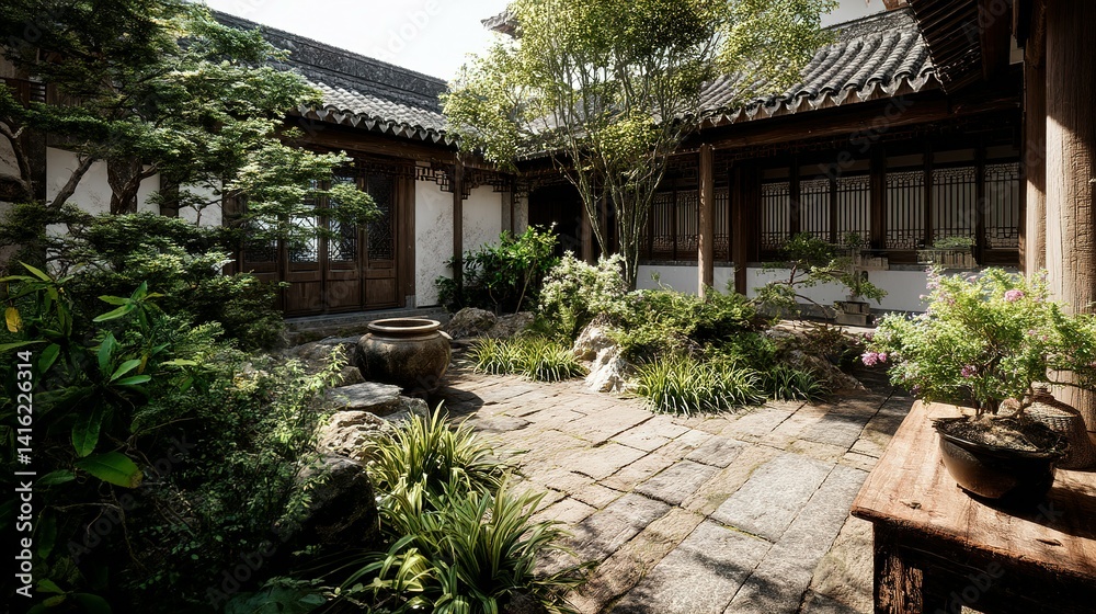 Fototapeta premium Tranquil Asian courtyard garden with traditional architecture.
