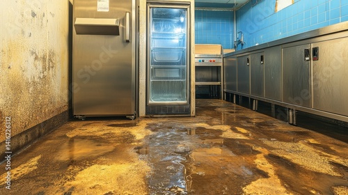 Leaking refrigerator with condensation: commercial kitchen equipment failure floor damage and moisture repair needed for cold storage system problem with cooling appliance water damage concern