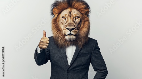 Lion head businessman giving thumbs up on white background 