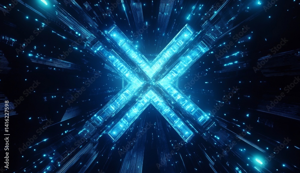 Fototapeta premium Glowing blue X in futuristic digital tunnel.
