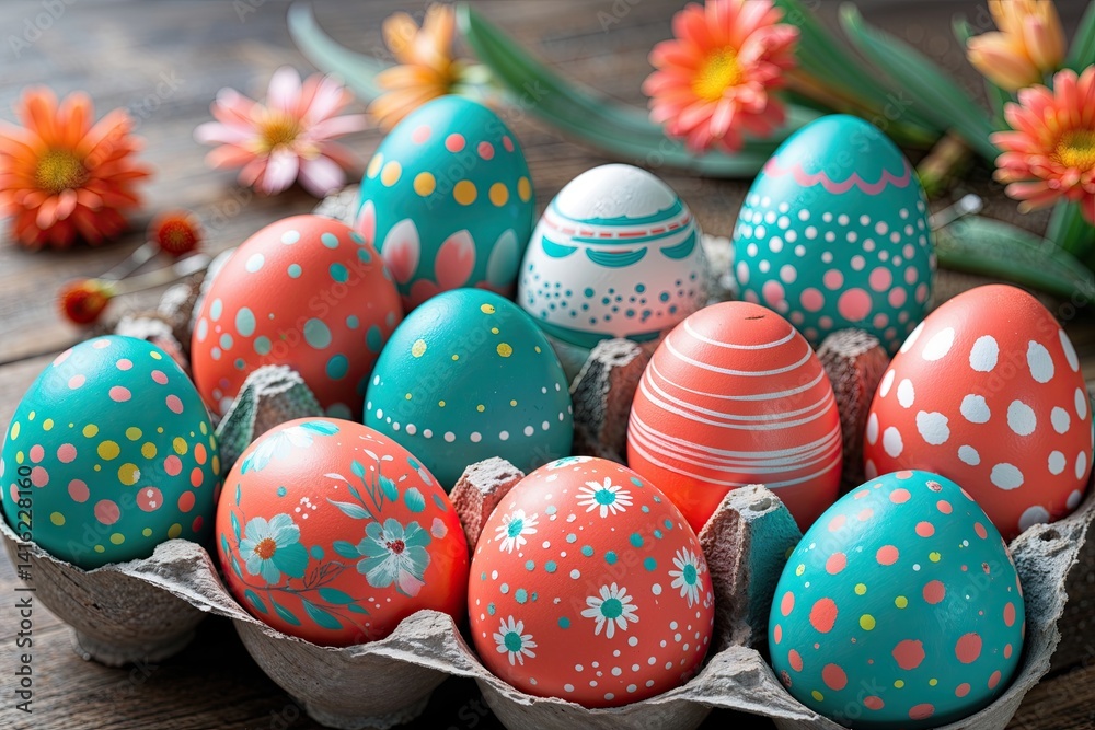 Fototapeta premium Colorful Coral and Aqua Easter Eggs for Spring Home Decoration