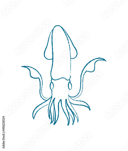 Chalk silhouette squid. Crayon ocean creature in abstract style. Underwater animal, flat design, potential use for marine themes, educational content, or creative projects.