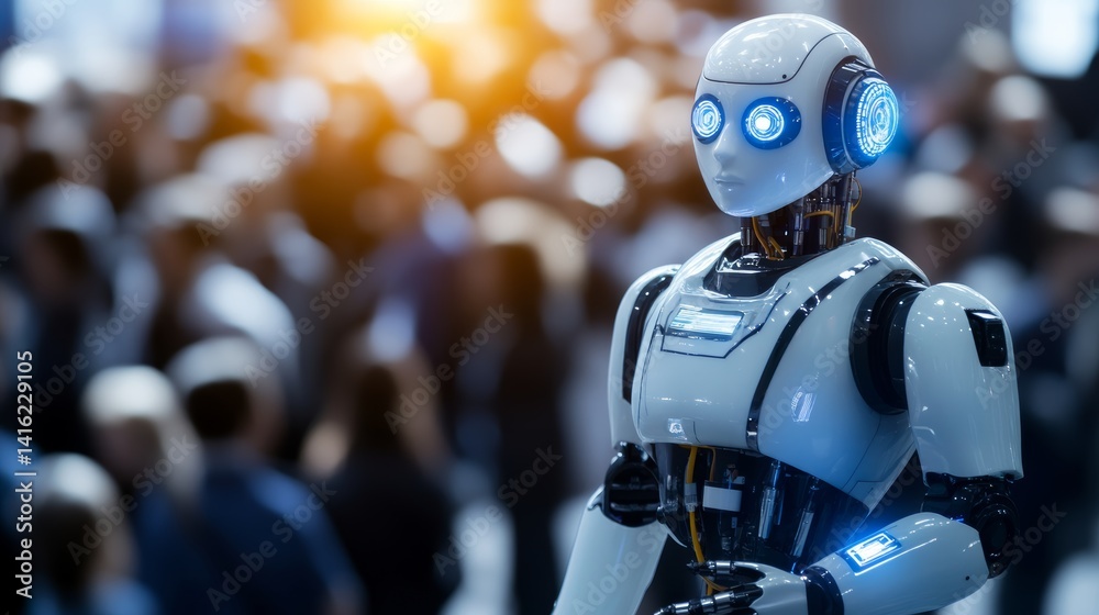 Futuristic robot stands out in a crowd: artificial intelligence engineering and technology meet humanity within a blurry background highlighting individuality and innovation Futuristic robot stands out in a crowd: artificial intelligence engineering and technology meet humanity within a blurry background highlighting individuality and innovation