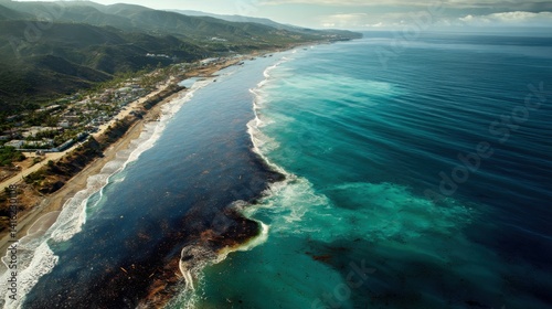 Aerial view of coastline with polluted water on left side and clean ocean on right, stylized with text space