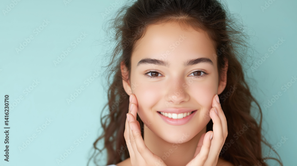 Young woman smiling while touching her face against a light blue background, showcasing a natural skincare routine during the day.