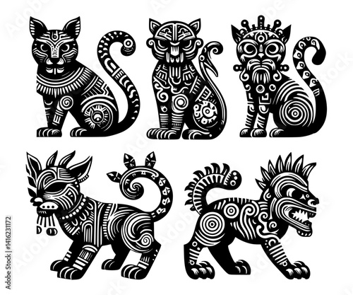 mayan cat ornament vector art, Detailed and aesthetic Mayan style cat ornament vector art. Perfect for historical, creative designs or unique decorations that blend ancient and modern cultures.