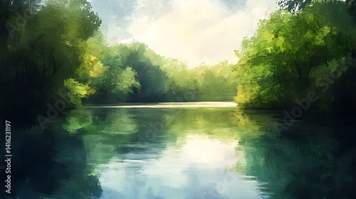A serene waterway reflects the lush surrounding trees, painted with a soft, impressionistic style.