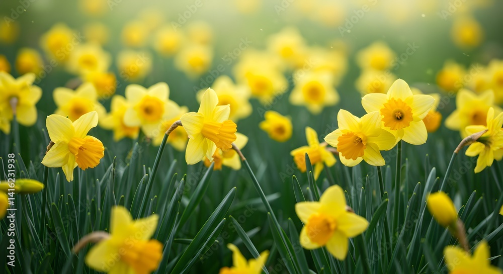 Daffodil field with spring bloom, and sunlight. Daffodil field with spring bloom, and sunlight.