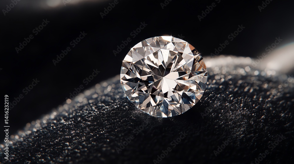 Sparkling Round Cut Diamond on Dark Textured Surface Shines Brightly Sparkling Round Cut Diamond on Dark Textured Surface Shines Brightly