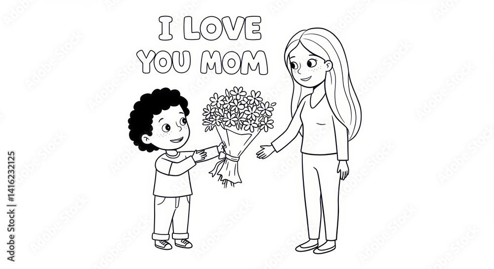 Adorable little boy gives a bouquet of flowers to his mom for Mother's Day with love and affection in a sweet heartwarming moment Adorable little boy gives a bouquet of flowers to his mom for Mother's Day with love and affection in a sweet heartwarming moment