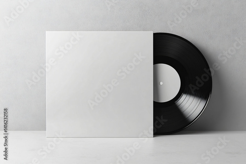 Black vinyl record leaning against a blank white sleeve. Minimalist music concept.