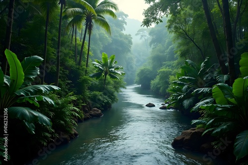 Tropical river winding through a dense jungle