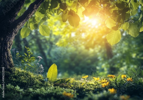 Serene Sunlight Filtering Through Lush Green Forest Canopy Mossy Ground Spring Flowers