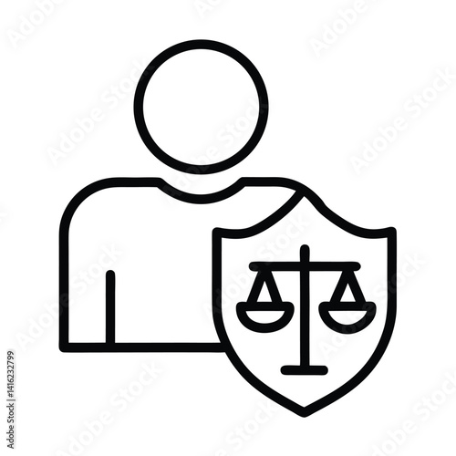 Person with Justice Scales Shield Icon in Outline Style on Transparent