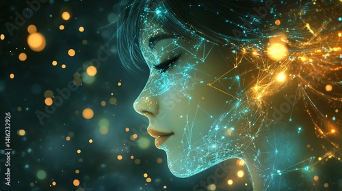 Ethereal Portrait of a Woman with Digital Energy and Light Effects