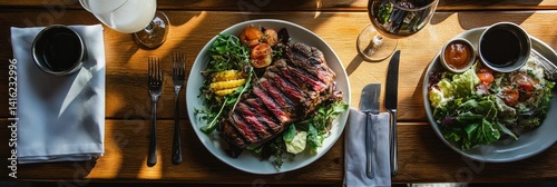 Elegant steak dinner presented on wooden table with bright window light