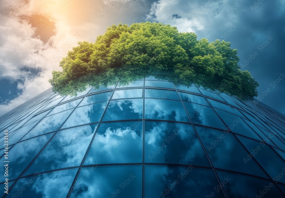 Green Sustainability Lush Treetop on Modern Glass Building Facade