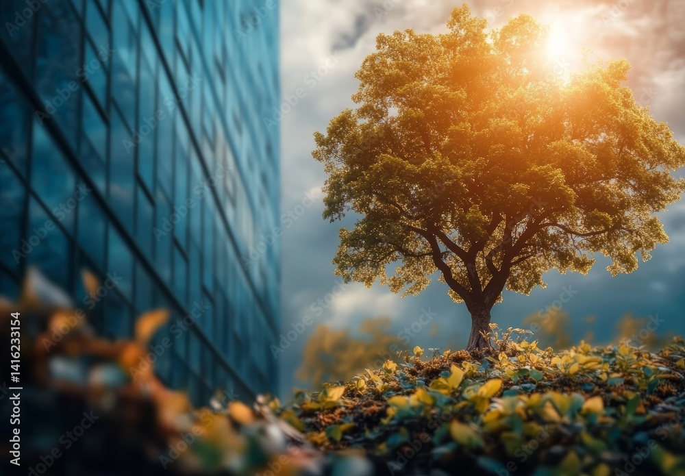 Majestic Tree in Urban Setting Nature and Cityscape Contrast Sunrise