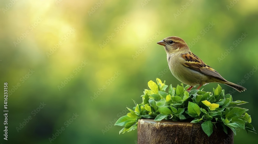House Sparrow Perched on Lush Green Foliage Springtime Nature Photography