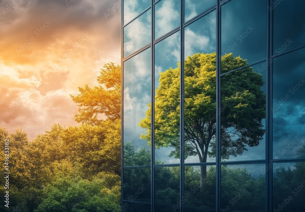 Modern Office Building Reflecting Lush Green Trees and Sunset Sky Sustainable Business Concept