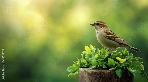 Obraz na płótnie House Sparrow Perched on Lush Green Foliage Springtime Nature Photography w salonie