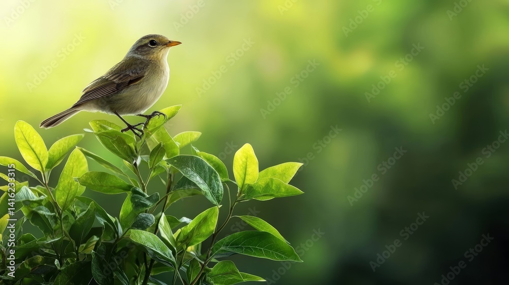 Small Bird Perched on Lush Green Foliage Vibrant Spring Nature Scene
