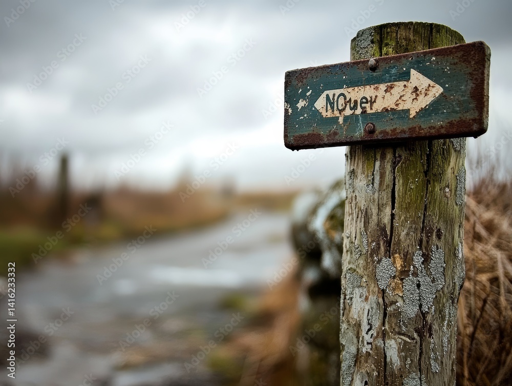 Rustic Weathered Wooden Signpost Pointing to N Cuet on a Rural Path