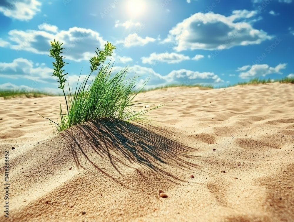 Sunny Beach Dune Landscape Lush Green Grass Emerging from Golden Sand under a Blue Sky