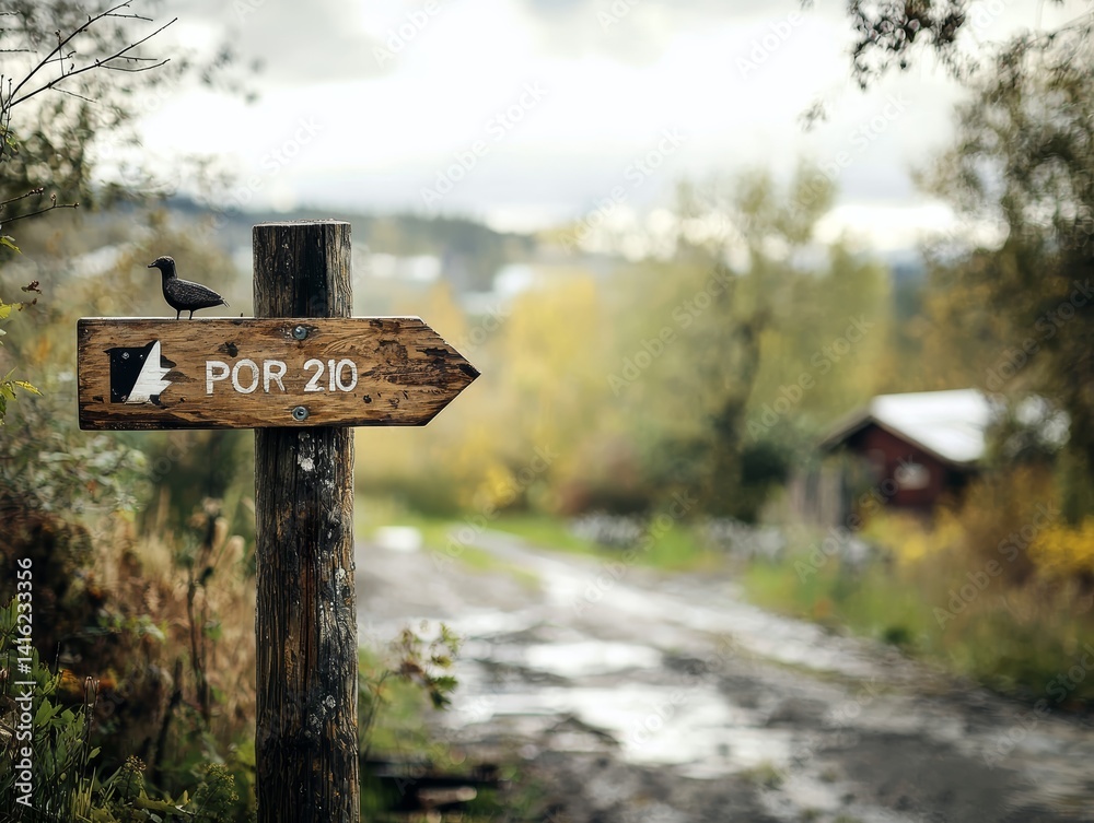 Rustic Wooden Trail Signpost with Bird Autumnal Countryside Road