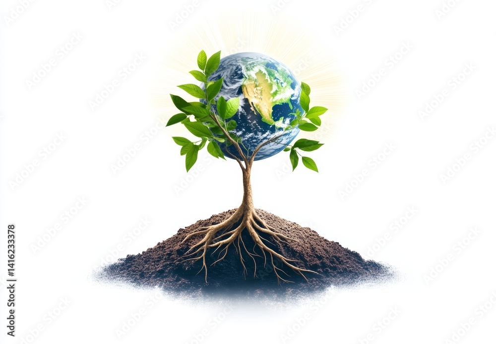 Growing Planet Earth as a Tree Roots in Soil Green Leaves Environmental Concept