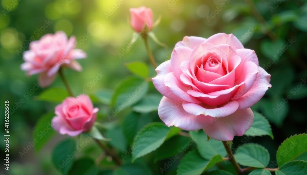 Pastel pink roses surrounded by lush greenery, nature, blossoms Pastel pink roses surrounded by lush greenery, nature, blossoms