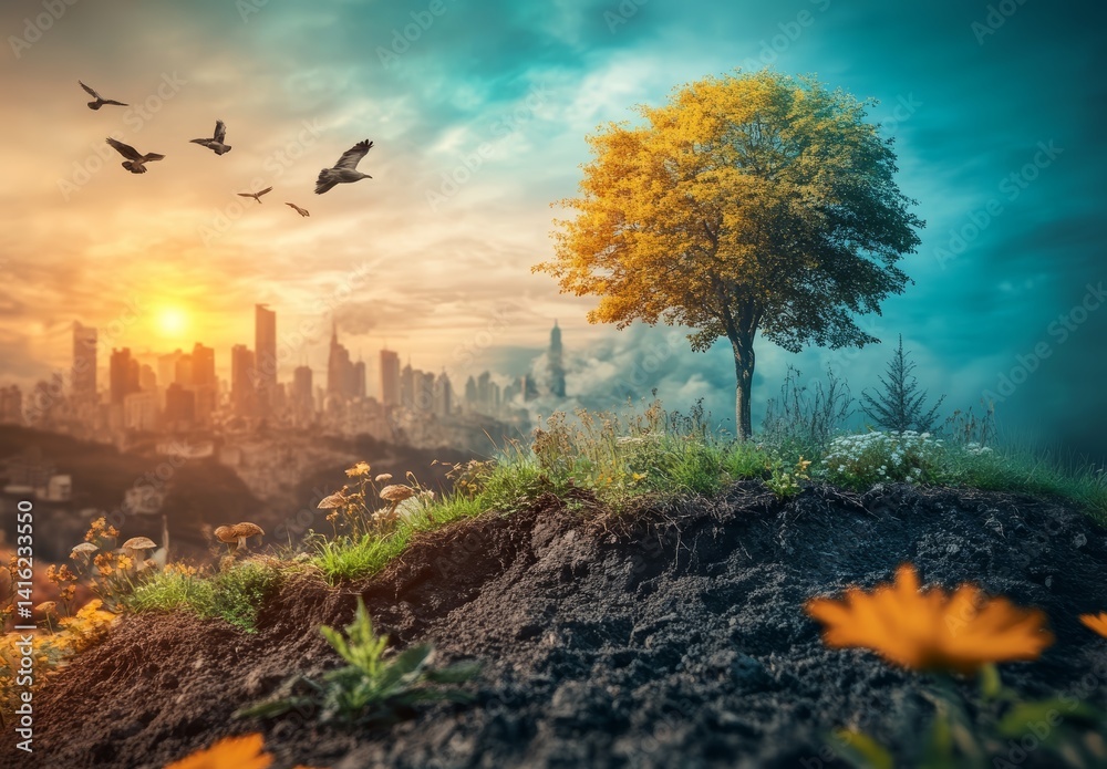 Serene Sunset Cityscape Lone Tree on Hilltop with Birds in Flight