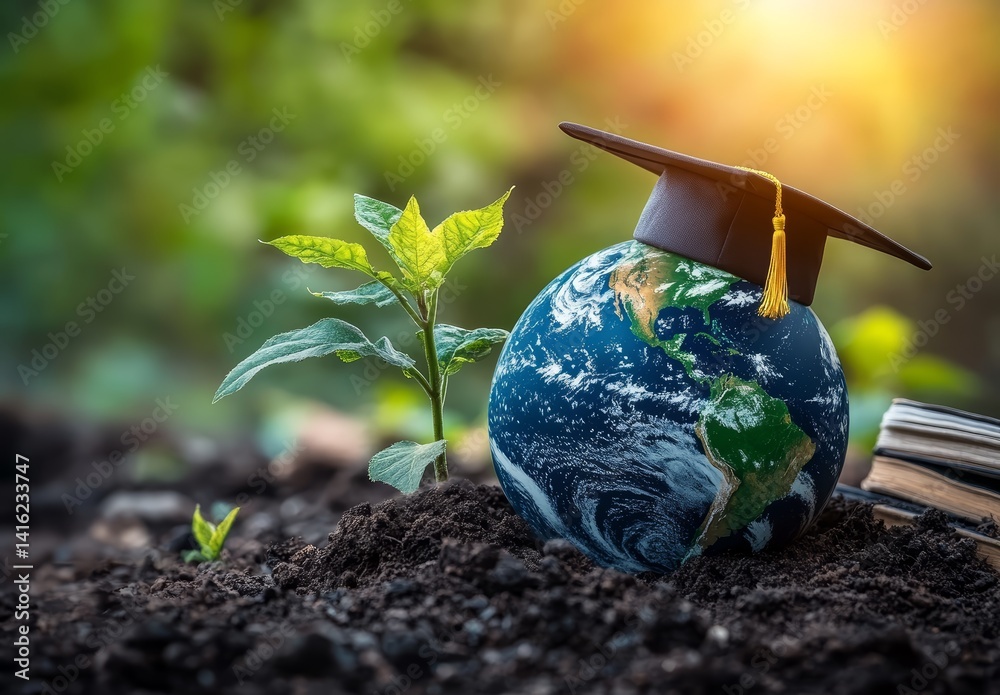 Global Education Graduation Cap on Earth with Growing Plant