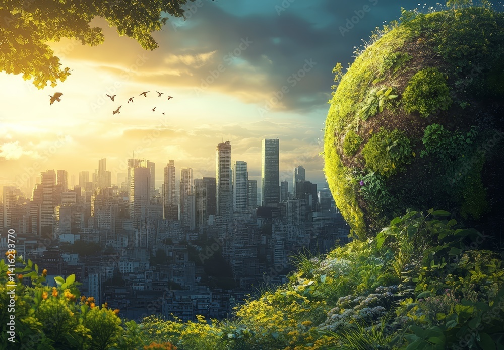 Lush Green Planet Rising Above Cityscape at Sunrise Environmental Concept Image