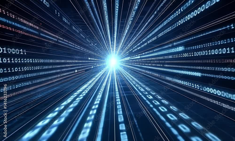 Abstract blue background with glowing lines and binary code, a vector illustration of an abstract futuristic design with a flowing data stream on a dark blue background.